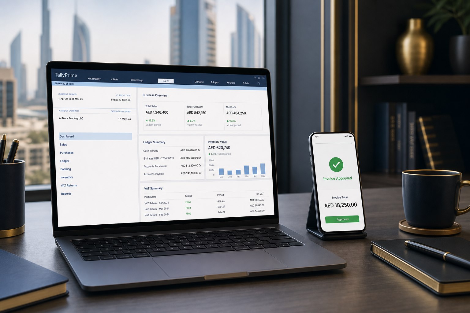 TallyPrime cloud accounting and invoice approval shown on laptop and mobile